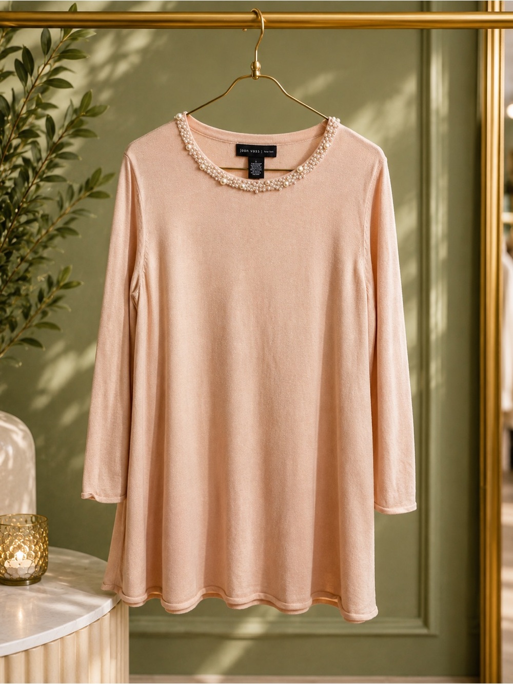 Joan Vass New York Women’s L Blush Pink Pearl Beaded Knit Tunic Top
